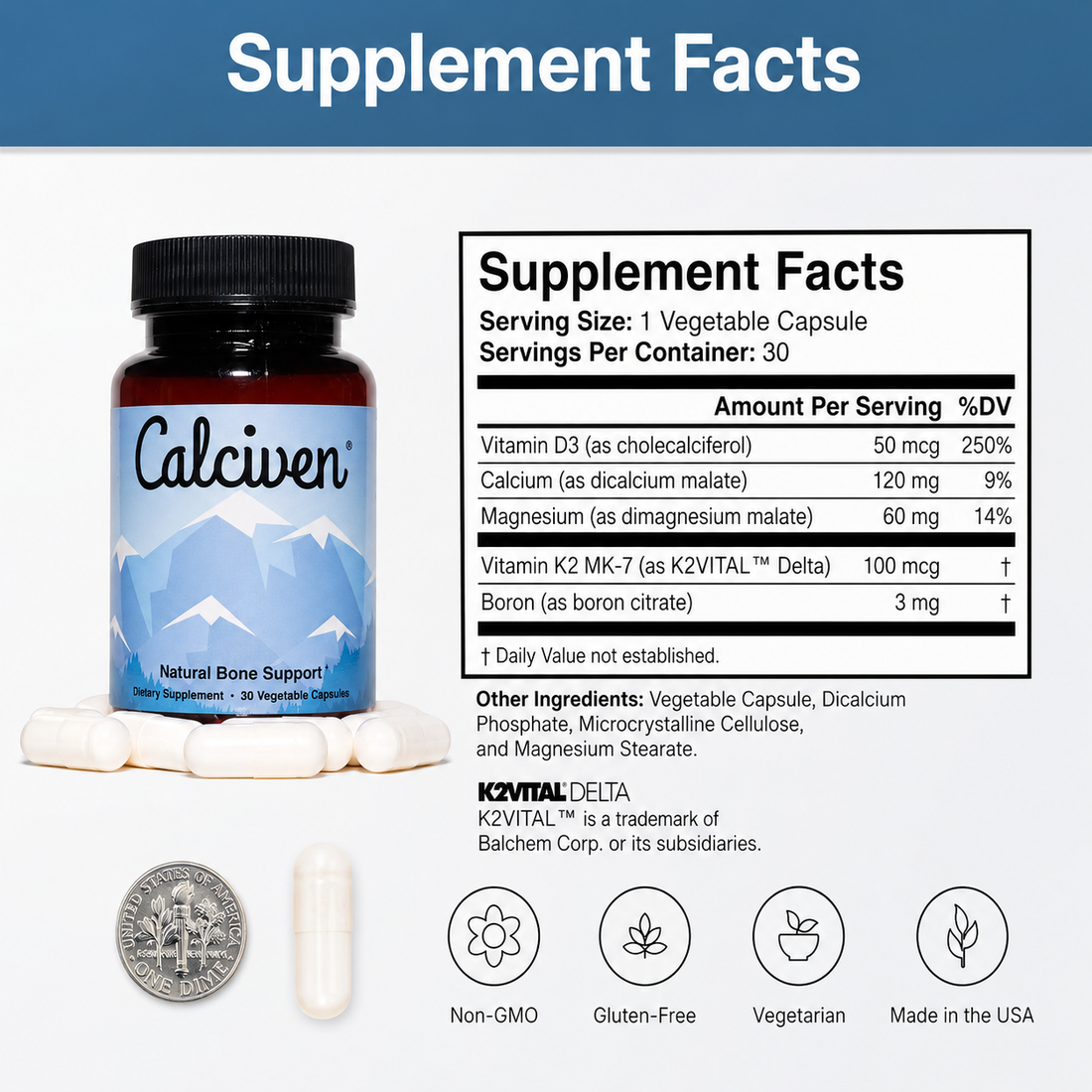 A bottle of Calciven Natural Bone Support dietary supplement, featuring an amber brown bottle with a black ribbed cap and a blue mountain graphic label.