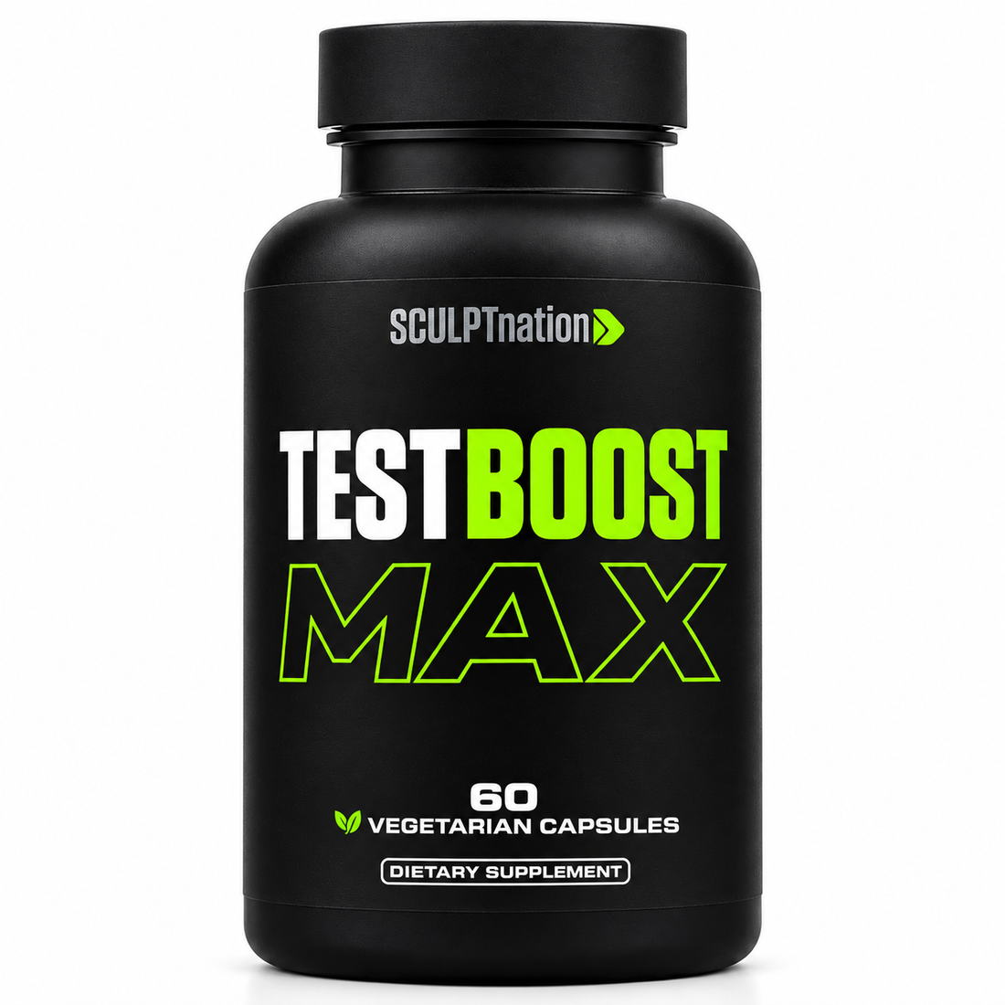 A black plastic bottle of SCULPnation Test Boost Max dietary supplement with a black cap, featuring white and neon green text on the label, set against a plain white background.