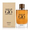 Giorgio Armani Acqua di Gio Absolu Eau de Parfum bottle with amber liquid and a dark wood cap, shown next to its beige packaging box on a white background.