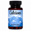 A bottle of Calciven Natural Bone Support dietary supplement, featuring an amber brown bottle with a black ribbed cap and a blue mountain graphic label.