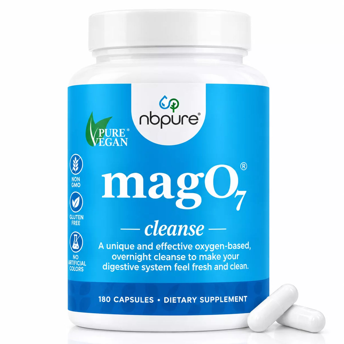 A white plastic bottle of nbpure magO7 Cleanse dietary supplement with a bright blue label, shown on a white background with two white capsules in front.