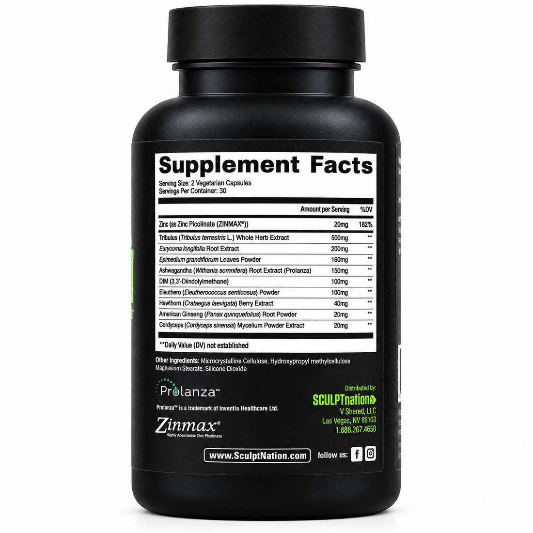 A black plastic bottle of SCULPnation Test Boost Max dietary supplement with a black cap, featuring white and neon green text on the label, set against a plain white background.