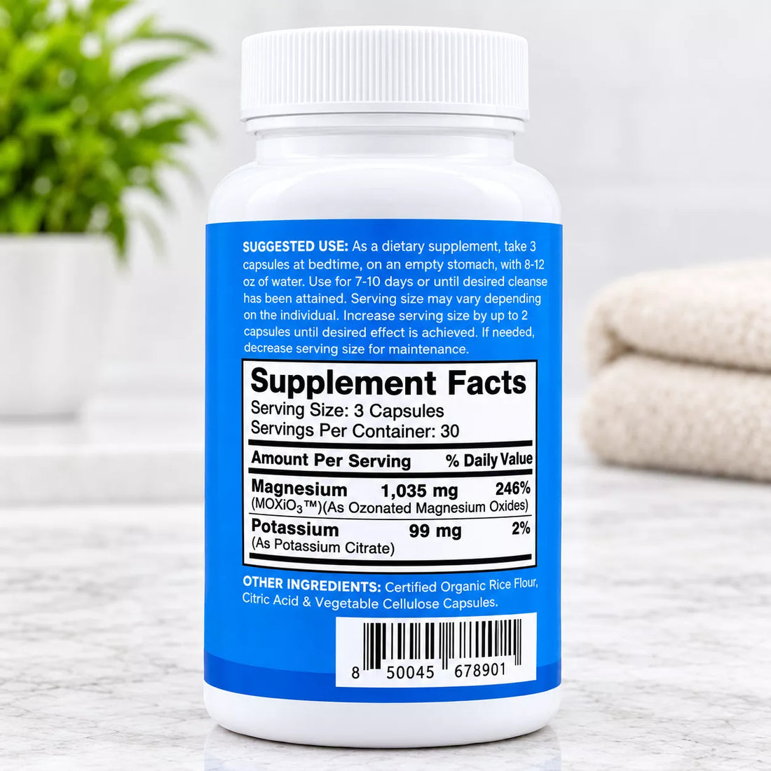 A white plastic bottle of nbpure magO7 Cleanse dietary supplement with a bright blue label, shown on a white background with two white capsules in front.