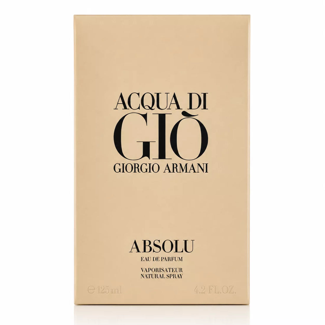 Giorgio Armani Acqua di Gio Absolu Eau de Parfum bottle with amber liquid and a dark wood cap, shown next to its beige packaging box on a white background.